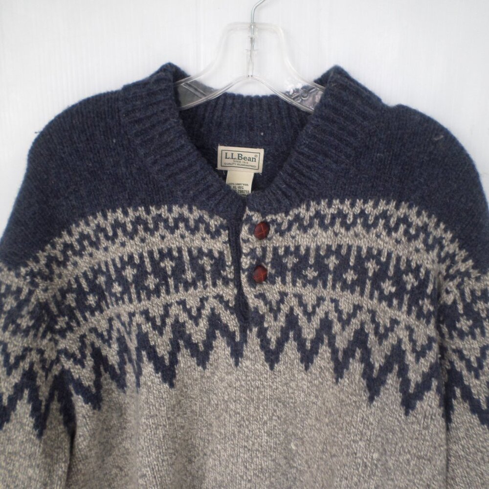 L. L. Bean Fair Isle Lamb's Wool Nordic Sweater Mens Size XL Grey/Black - Picture 3 of 5